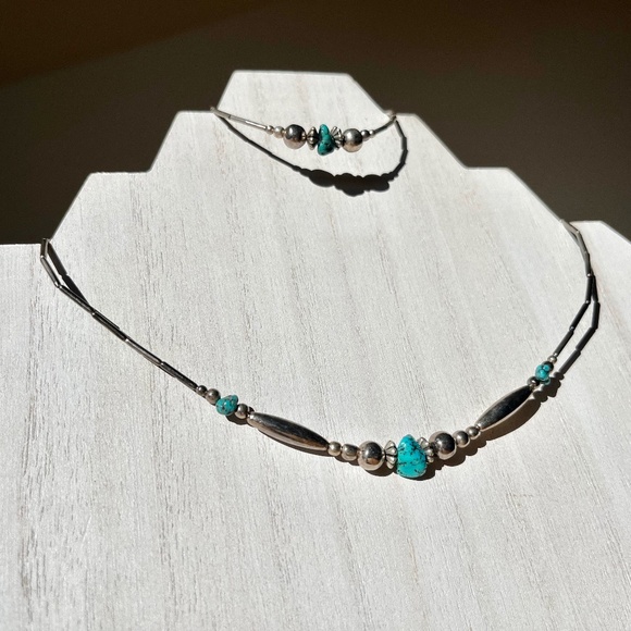 Vintage Turquoise and Sterling Silver Bead Choker Necklace and Bracelet Set - Picture 2 of 8